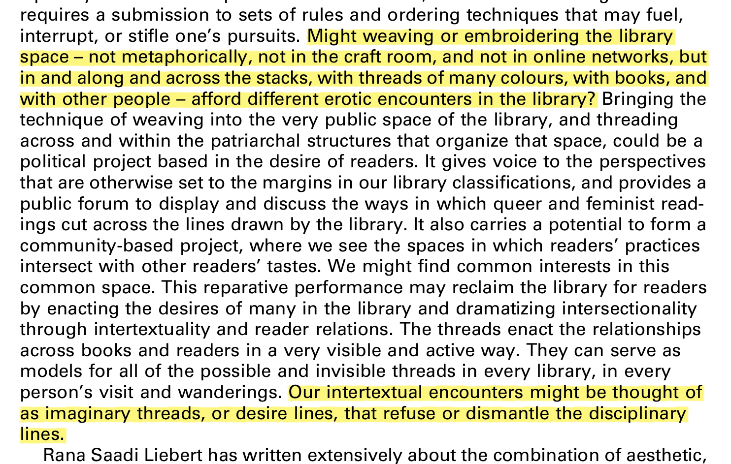 Screenshot of quotes from Melissa Adler's essay, "Eros in the Library"; quotes copied below